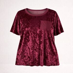 Wine Burgundy Crushed Velvet Tee Blouse 3X Sheer Pocket Whimsigoth Grunge
